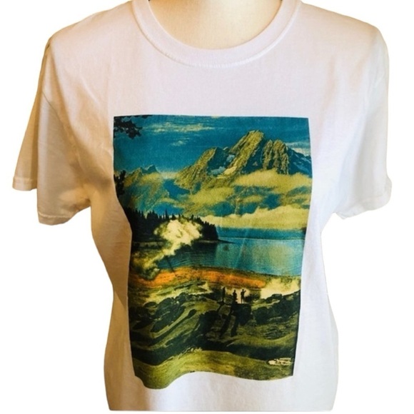 Graphic Tee Original Artist Design Nature Collage White and Green Scenic Large - Picture 1 of 9